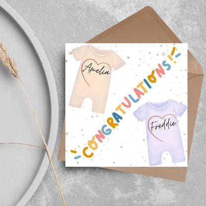 Personalised New Baby Card Twins, Baby Boy, Baby Girl, Baby Card, Congratulations, Birth Card, Baby Announcement, Custom Name Card