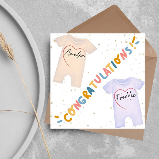 Personalised New Baby Card Twins, Baby Boy, Baby Girl, Baby Card, Congratulations, Birth Card, Baby Announcement, Custom Name Card