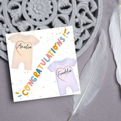 Personalised New Baby Card Twins, Baby Boy, Baby Girl, Baby Card, Congratulations, Birth Card, Baby Announcement, Custom Name Card