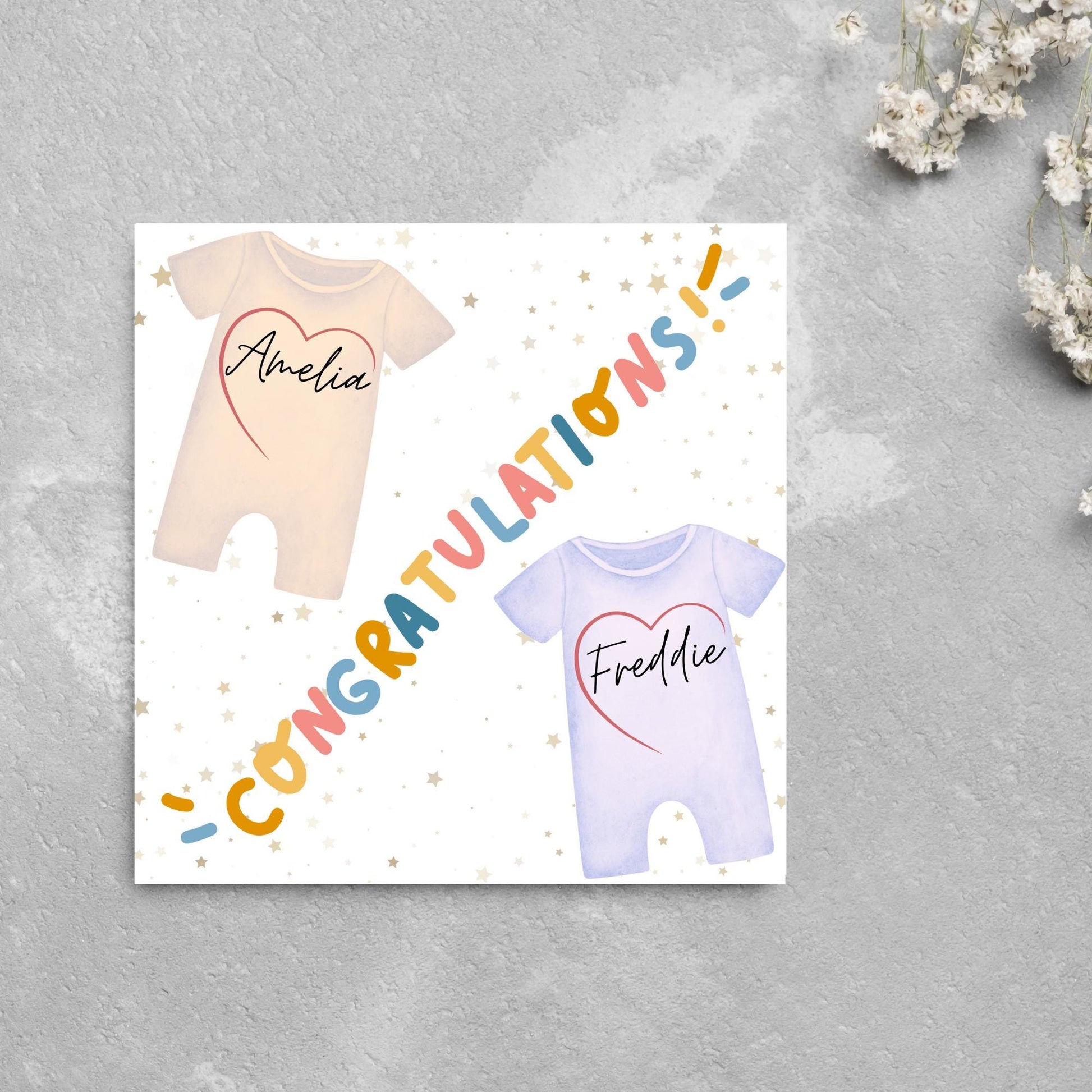 Personalised New Baby Card Twins, Baby Boy, Baby Girl, Baby Card, Congratulations, Birth Card, Baby Announcement, Custom Name Card