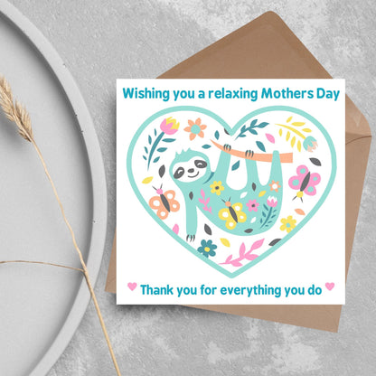 Sloth Mothers Day Card, Cute Card for Mum, Greetings Card, Happy Mothers Day, Card for Mother, Mam Card, Thanks Mum Card