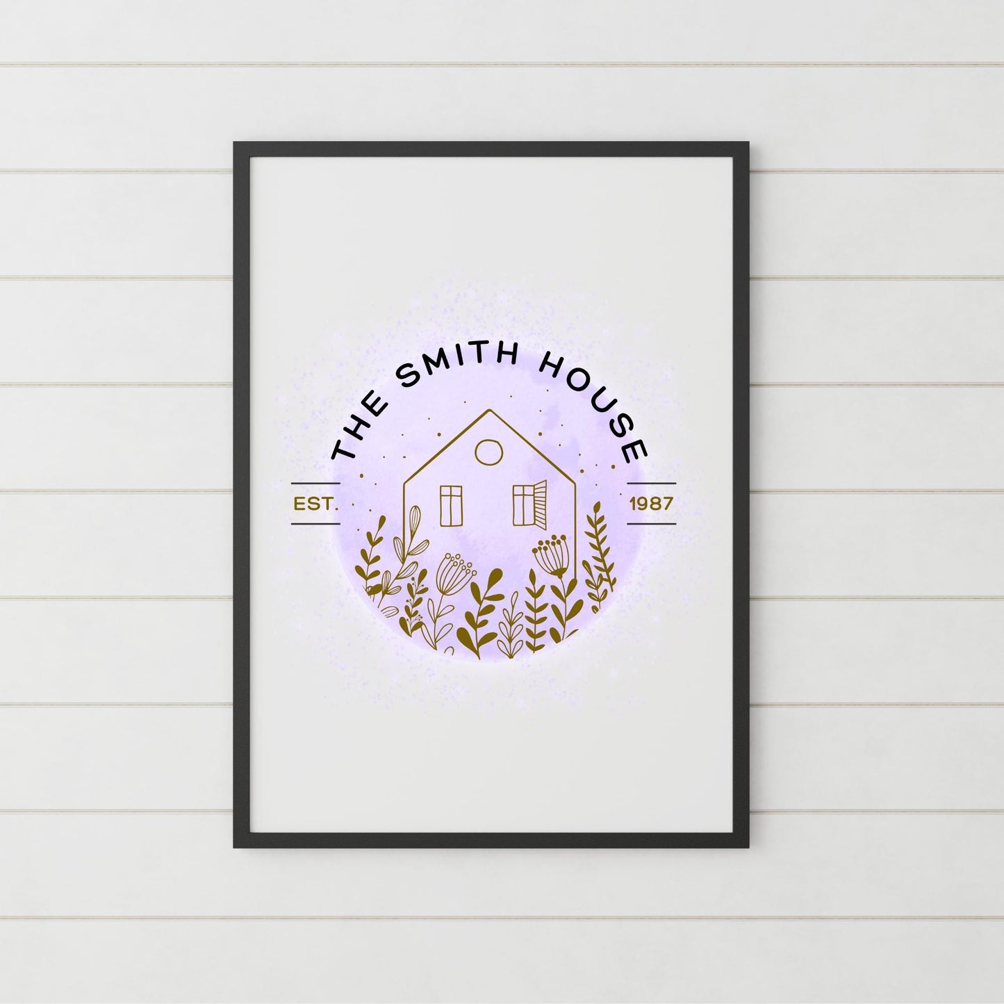 The postage shows an A4 poster home decor print which reads &quot;The Smith House&quot; Above the poster an illustration reads &quot;Personalise me&quot; superimposed above the print. The print has A line drawing of a house along with some flours in a watercolour style design. Beneath the poster a caption reads &quot;Choice of colours&quot; The colours available are light blue, yellow, gentle green, lilac, deep blue, and brown.
