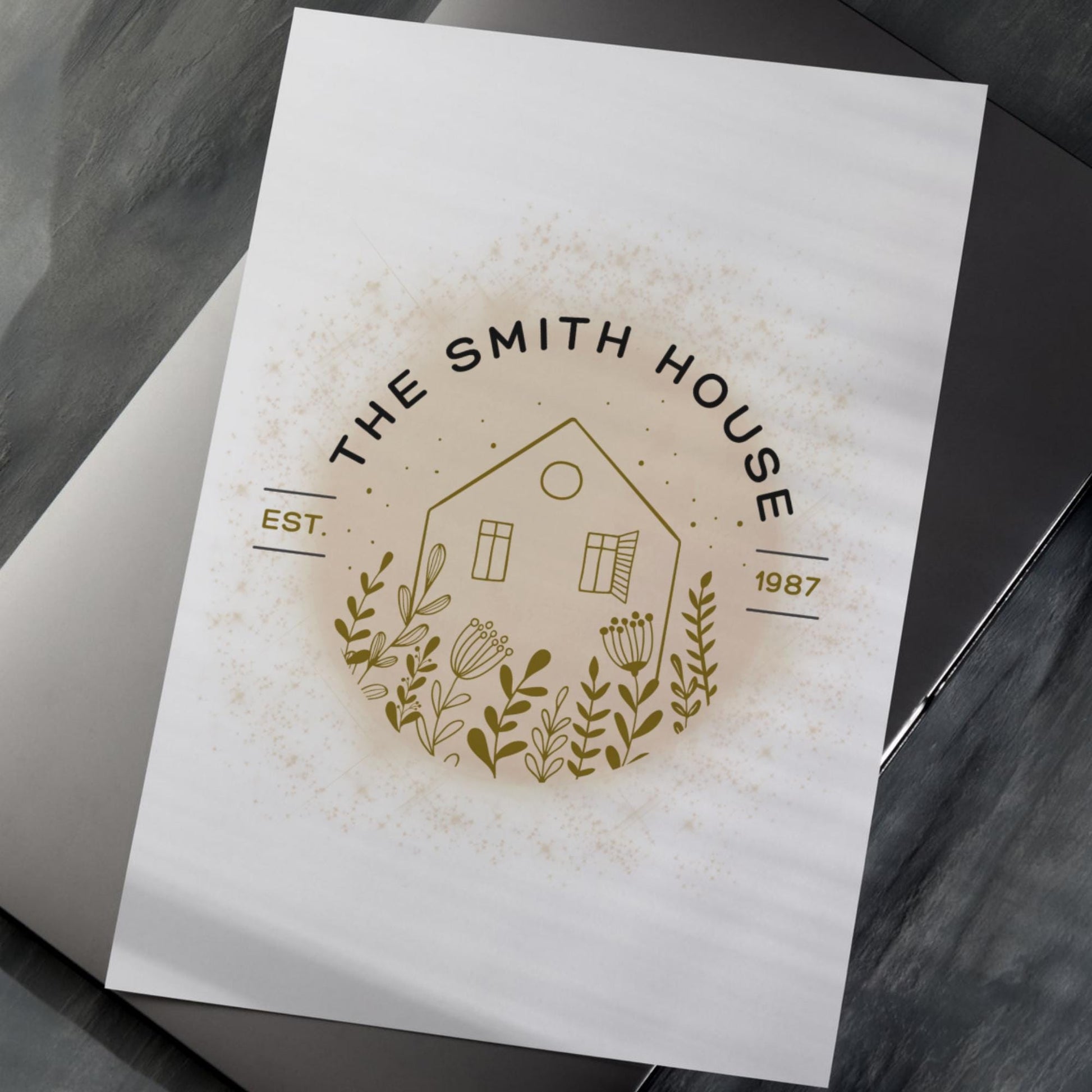 The postage shows an A4 poster home decor print which reads &quot;The Smith House&quot; Above the poster an illustration reads &quot;Personalise me&quot; superimposed above the print. The print has A line drawing of a house along with some flours in a watercolour style design. Beneath the poster a caption reads &quot;Choice of colours&quot; The colours available are light blue, yellow, gentle green, lilac, deep blue, and brown.