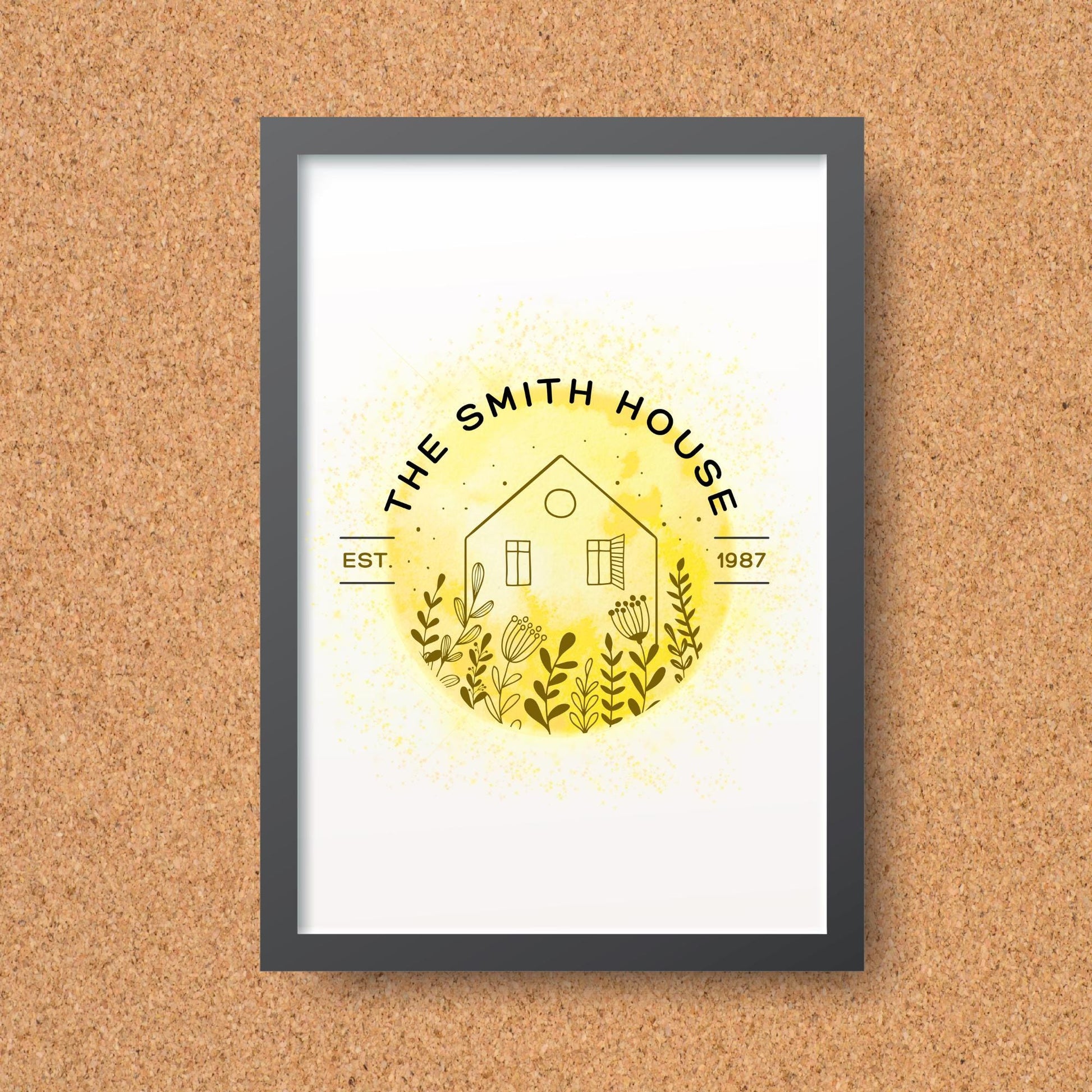 The postage shows an A4 poster home decor print which reads &quot;The Smith House&quot; Above the poster an illustration reads &quot;Personalise me&quot; superimposed above the print. The print has A line drawing of a house along with some flours in a watercolour style design. Beneath the poster a caption reads &quot;Choice of colours&quot; The colours available are light blue, yellow, gentle green, lilac, deep blue, and brown.