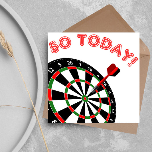 Darts 50th Birthday Card, Dart Player Birthday Card, Birthday Card for Dad, Birthday Card for Uncle, Bullseye Birthday Card, Dart Board