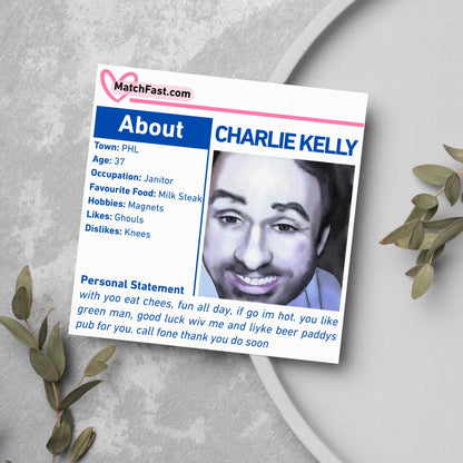 It's Always Sunny in Philadelphia Card, Charlie Kelly Dating Profile, Always Sunny Funny Birthday Card, TV Show Funny Card for Friend