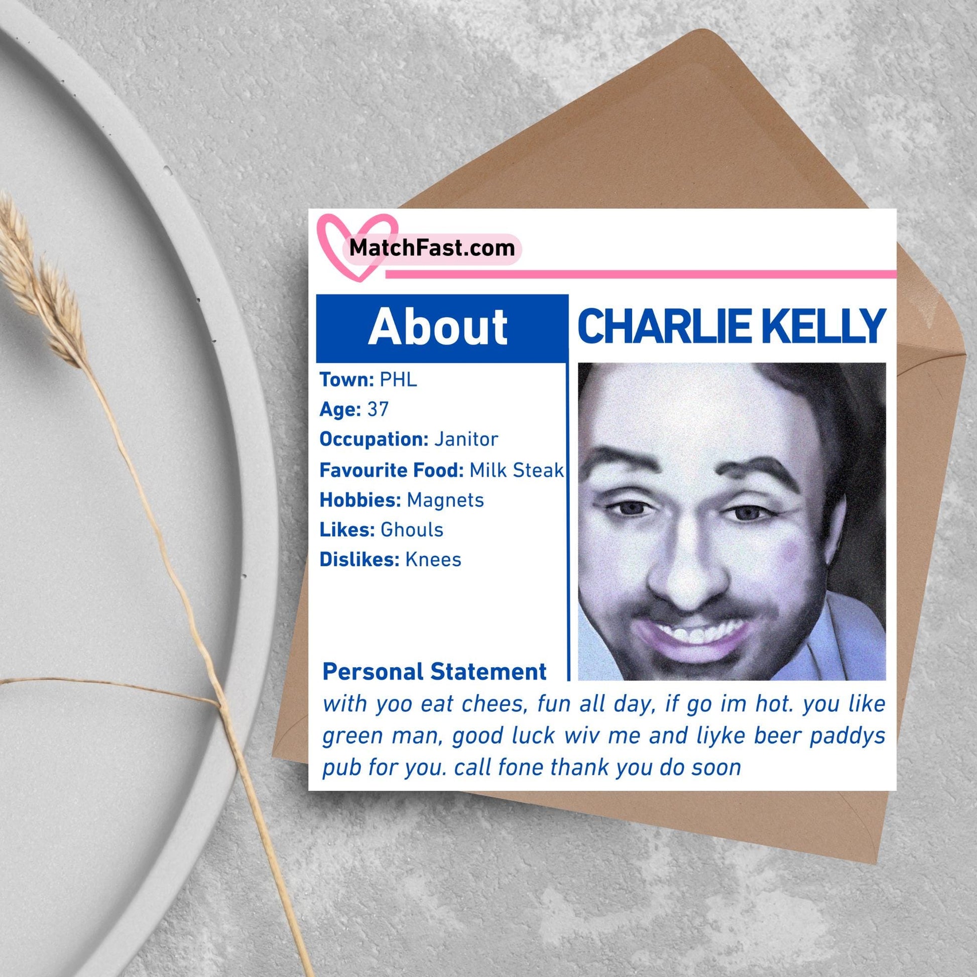 It's Always Sunny in Philadelphia Card, Charlie Kelly Dating Profile, Always Sunny Funny Birthday Card, TV Show Funny Card for Friend