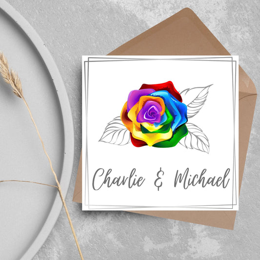 Personalised Wedding Card, Gay Wedding Celebration Card, LGBTQ+ Wedding Day Card, Pride Wedding, Gay Marriage Card, Rainbow Rose