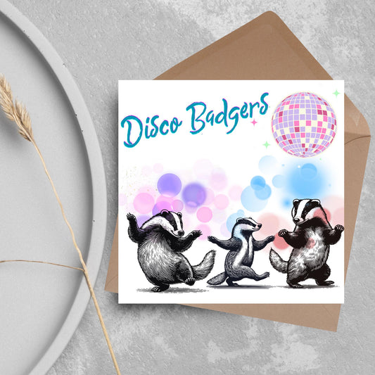 Disco Badgers Card, Fun Party Card, Badger Card, Night Out Card, Animal Themed Birthday, Woodland Birthday Card, Funny Badger, Disco Card