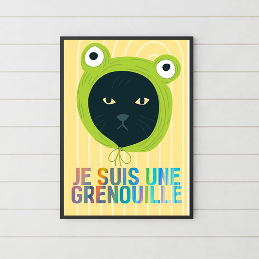 Funny Frog Cat A4 Poster Print, High Quality Cartoon Art, French Cat Art, Wall Decor, Original Artist Print, Vibrant Wall Art, Quirky Decor