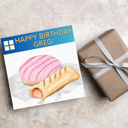 Personalised British Themed Birthday Card, Funny Bakery Birthday Card, Birthday Card for Gregg, Sausage Roll Card, Doughnut Card