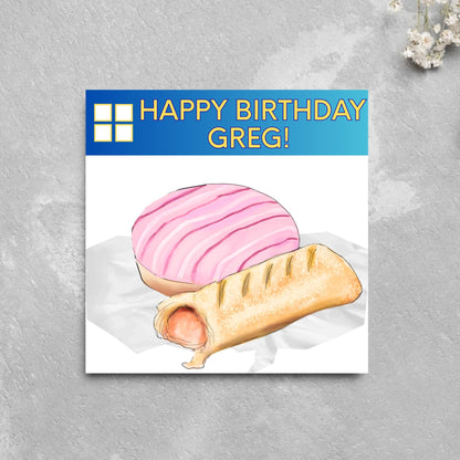 Personalised British Themed Birthday Card, Funny Bakery Birthday Card, Birthday Card for Gregg, Sausage Roll Card, Doughnut Card