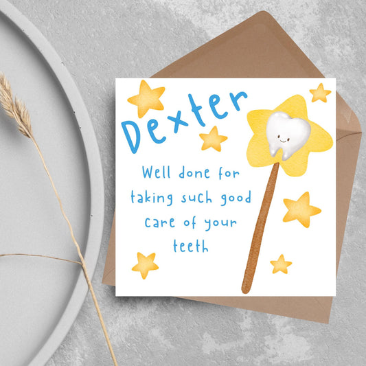 Personalised Tooth Fairy Card for Boy, Well Done Dentist Card, Tooth Fairy for Grandchild, Custom Name Card for Children