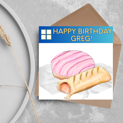 Personalised British Themed Birthday Card, Funny Bakery Birthday Card, Birthday Card for Gregg, Sausage Roll Card, Doughnut Card