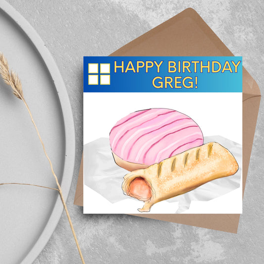 Personalised British Themed Birthday Card, Funny Bakery Birthday Card, Birthday Card for Gregg, Sausage Roll Card, Doughnut Card
