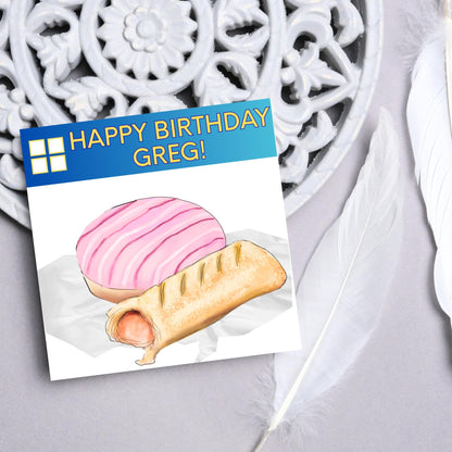 Personalised British Themed Birthday Card, Funny Bakery Birthday Card, Birthday Card for Gregg, Sausage Roll Card, Doughnut Card