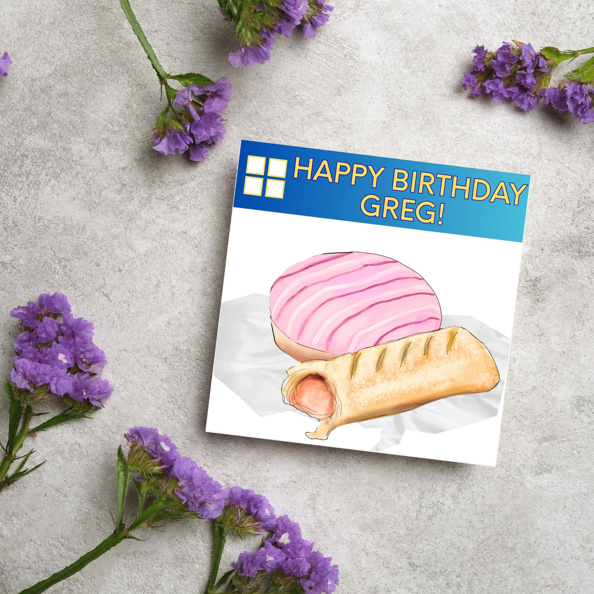 Personalised British Themed Birthday Card, Funny Bakery Birthday Card, Birthday Card for Gregg, Sausage Roll Card, Doughnut Card