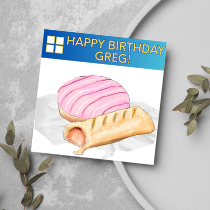 Personalised British Themed Birthday Card, Funny Bakery Birthday Card, Birthday Card for Gregg, Sausage Roll Card, Doughnut Card