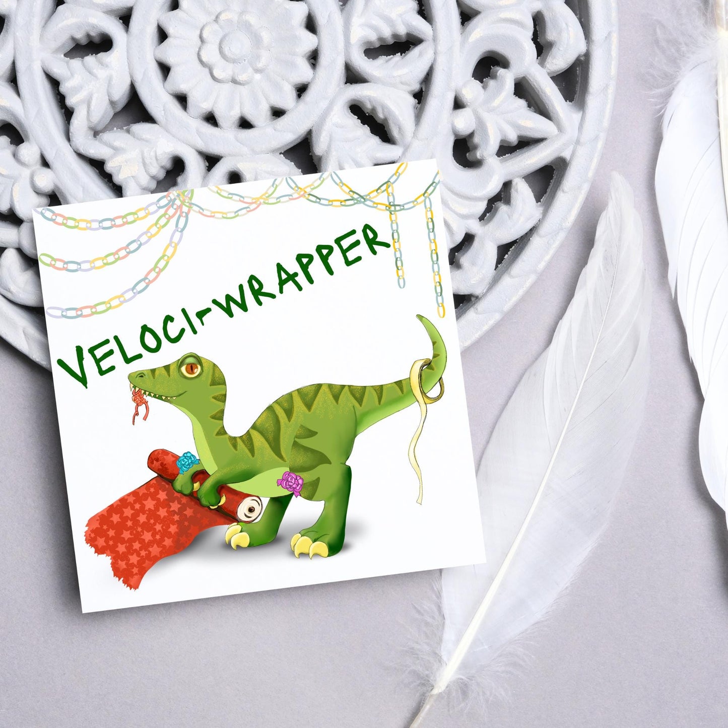 Dinosaur Christmas card, Velociraptor Xmas Card, Cards for Him, Cards for Her, Cards for kids, Funny Childrens Christmas Card, Pun Card