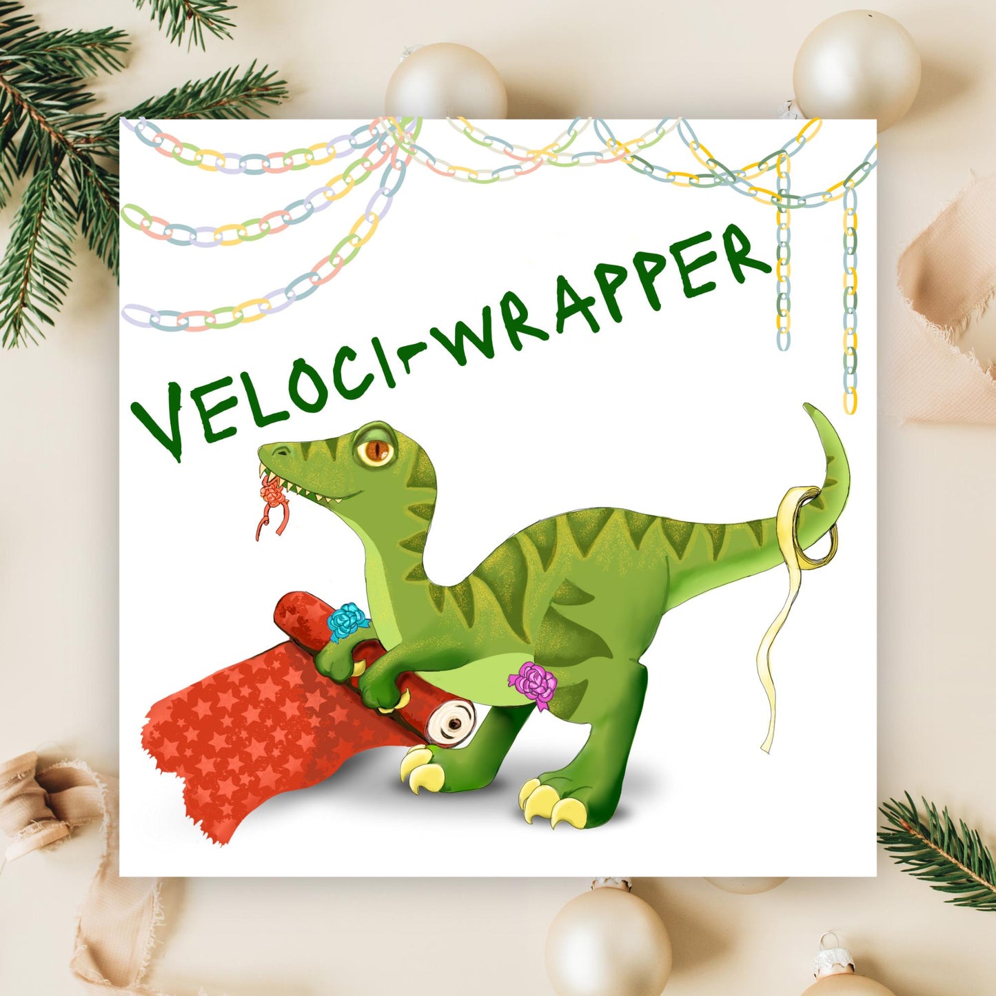 Dinosaur Christmas card, Velociraptor Xmas Card, Cards for Him, Cards for Her, Cards for kids, Funny Childrens Christmas Card, Pun Card