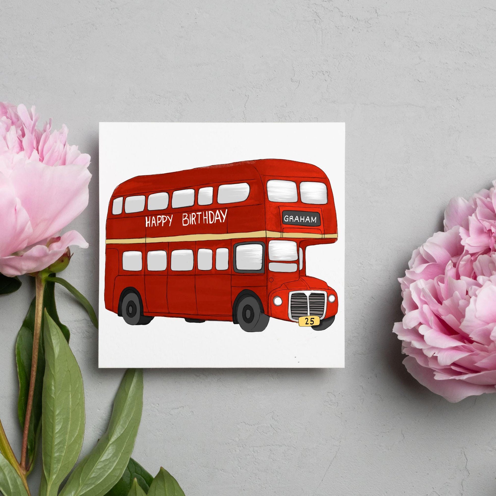 Personalised London Bus Birthday Card, British Themed Birthday Card, Funny Birthday Card, Name and Age Card, Red Bus Card