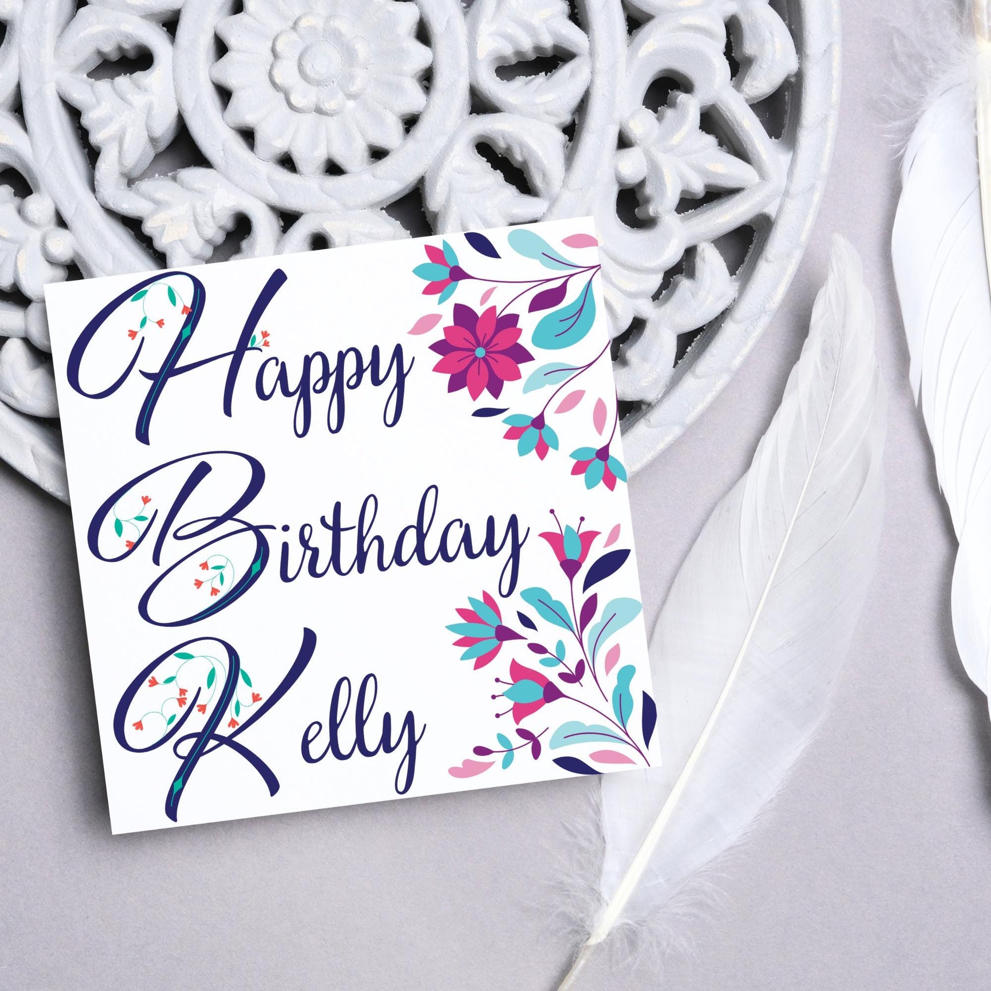 Personalised Flower Birthday Card, Name Birthday Card, Card for Sister, Card for Friend, Custom Birthday Card