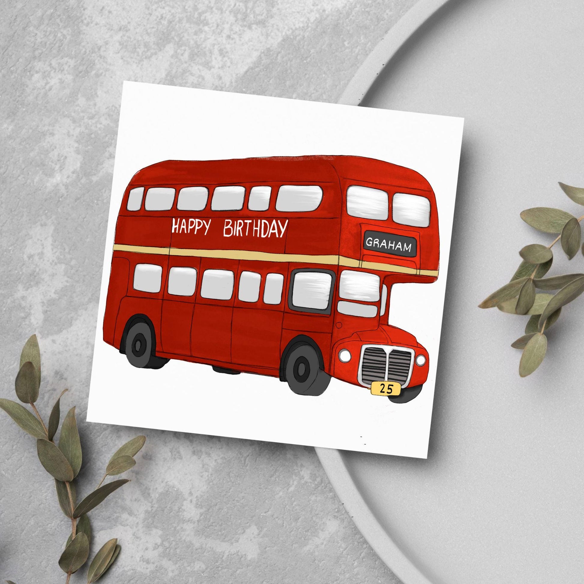Personalised London Bus Birthday Card, British Themed Birthday Card, Funny Birthday Card, Name and Age Card, Red Bus Card