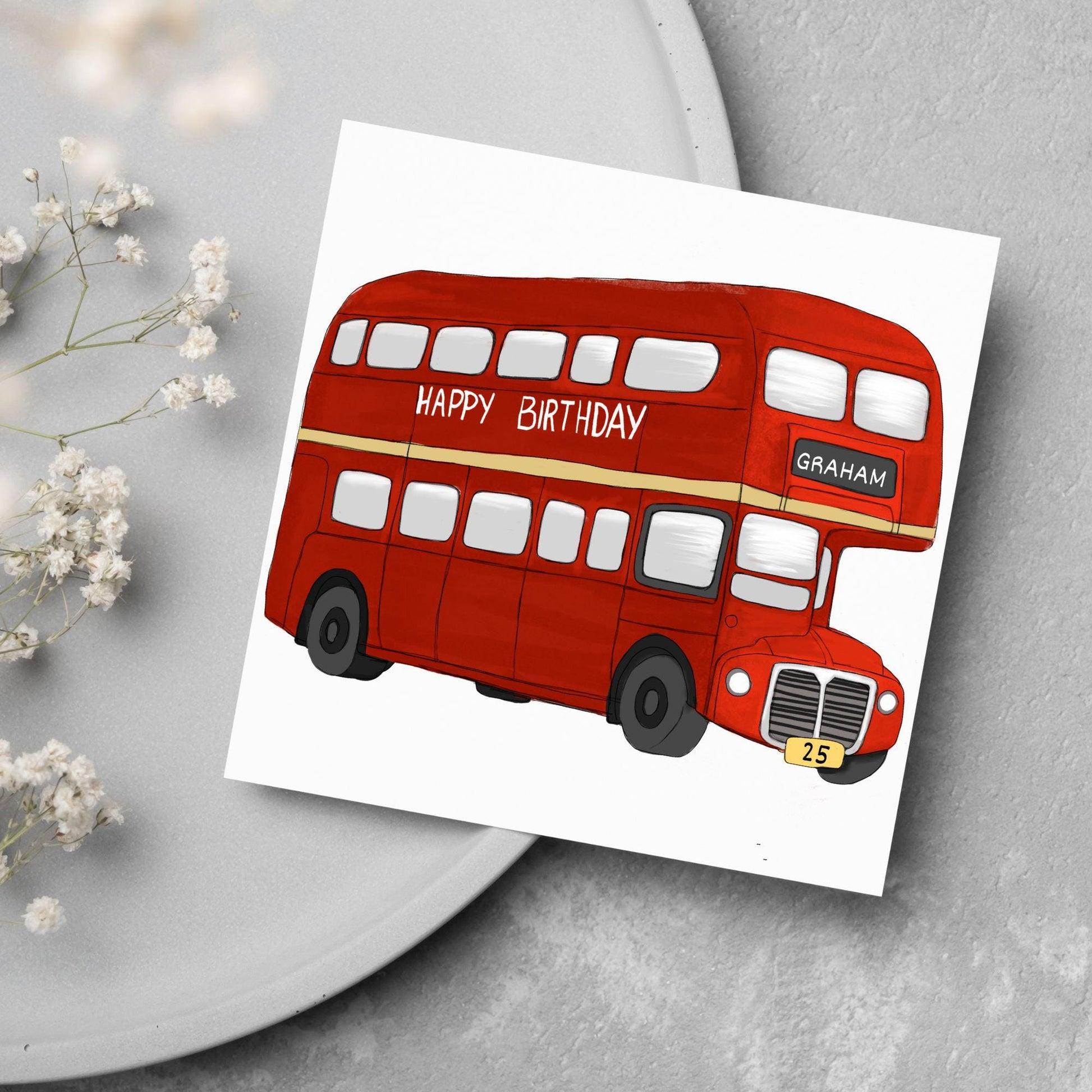 Personalised London Bus Birthday Card, British Themed Birthday Card, Funny Birthday Card, Name and Age Card, Red Bus Card