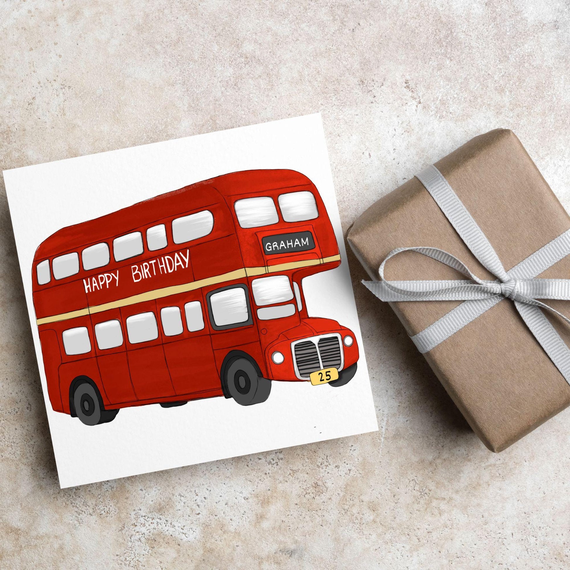 Personalised London Bus Birthday Card, British Themed Birthday Card, Funny Birthday Card, Name and Age Card, Red Bus Card