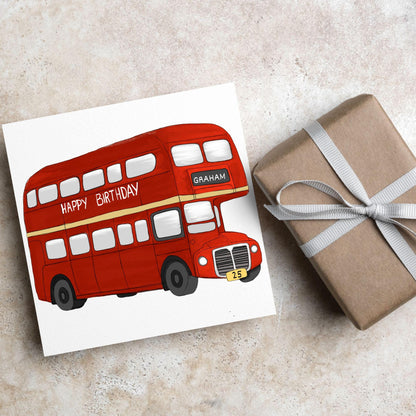 Personalised London Bus Birthday Card, British Themed Birthday Card, Funny Birthday Card, Name and Age Card, Red Bus Card
