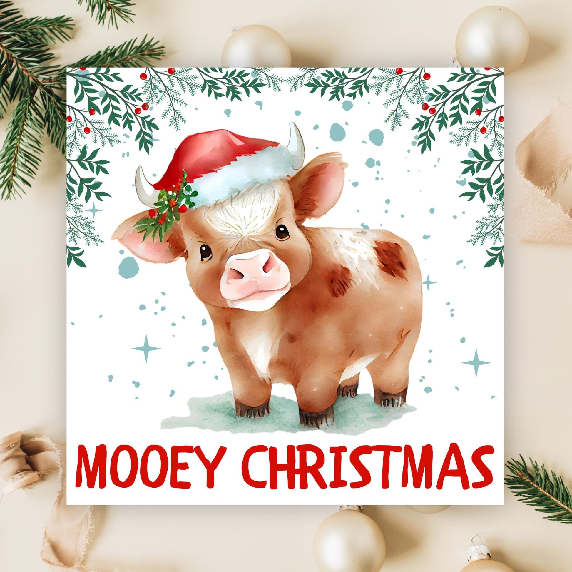 Highland Cow Christmas Card, Farming Christmas Card, Mooey Xmas Card, Secret Santa