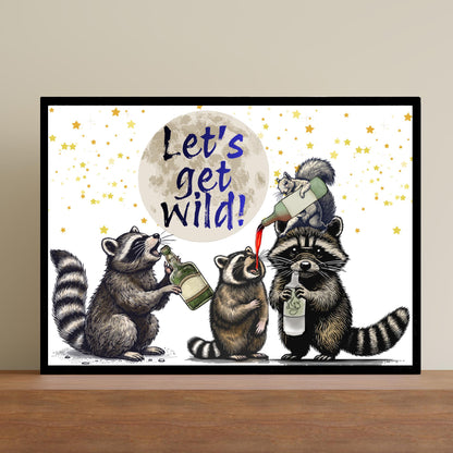 Raccoon A4 Print, High Quality Wall Art, Home Bar Drinks Funny Poster, Quirky Decor, Drunk Raccoons, Let's Get Wild, Secret Santa