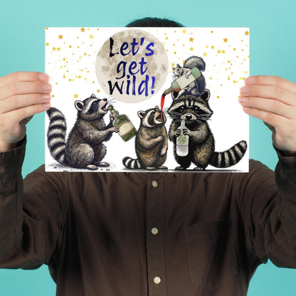 Raccoon A4 Print, High Quality Wall Art, Home Bar Drinks Funny Poster, Quirky Decor, Drunk Raccoons, Let's Get Wild, Secret Santa