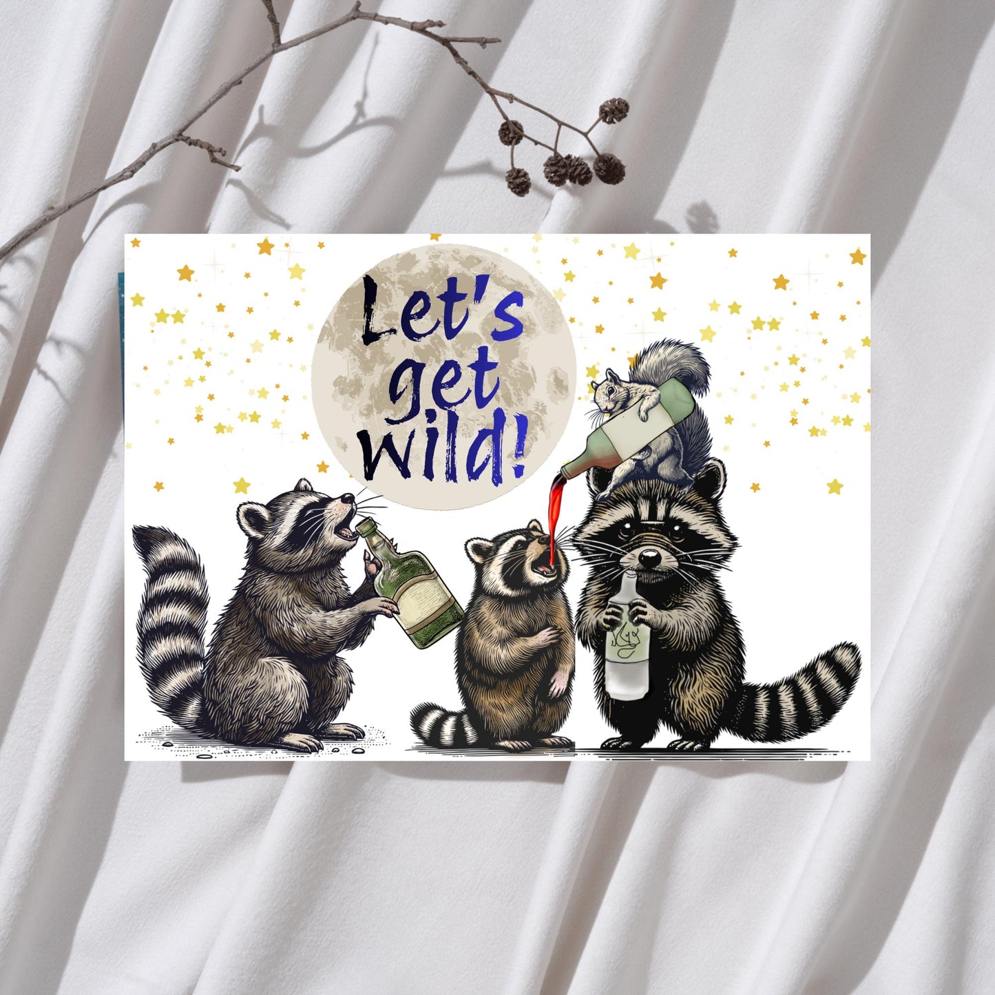 Raccoon A4 Print, High Quality Wall Art, Home Bar Drinks Funny Poster, Quirky Decor, Drunk Raccoons, Let's Get Wild, Secret Santa