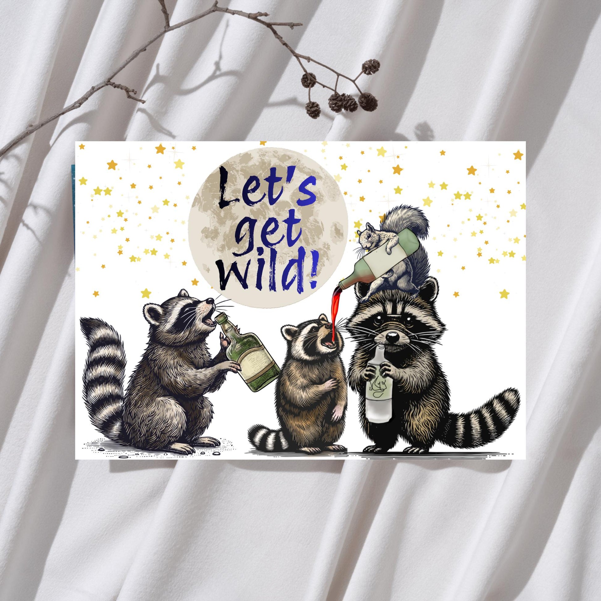 Raccoon A4 Print, High Quality Wall Art, Home Bar Drinks Funny Poster, Quirky Decor, Drunk Raccoons, Let's Get Wild, Secret Santa