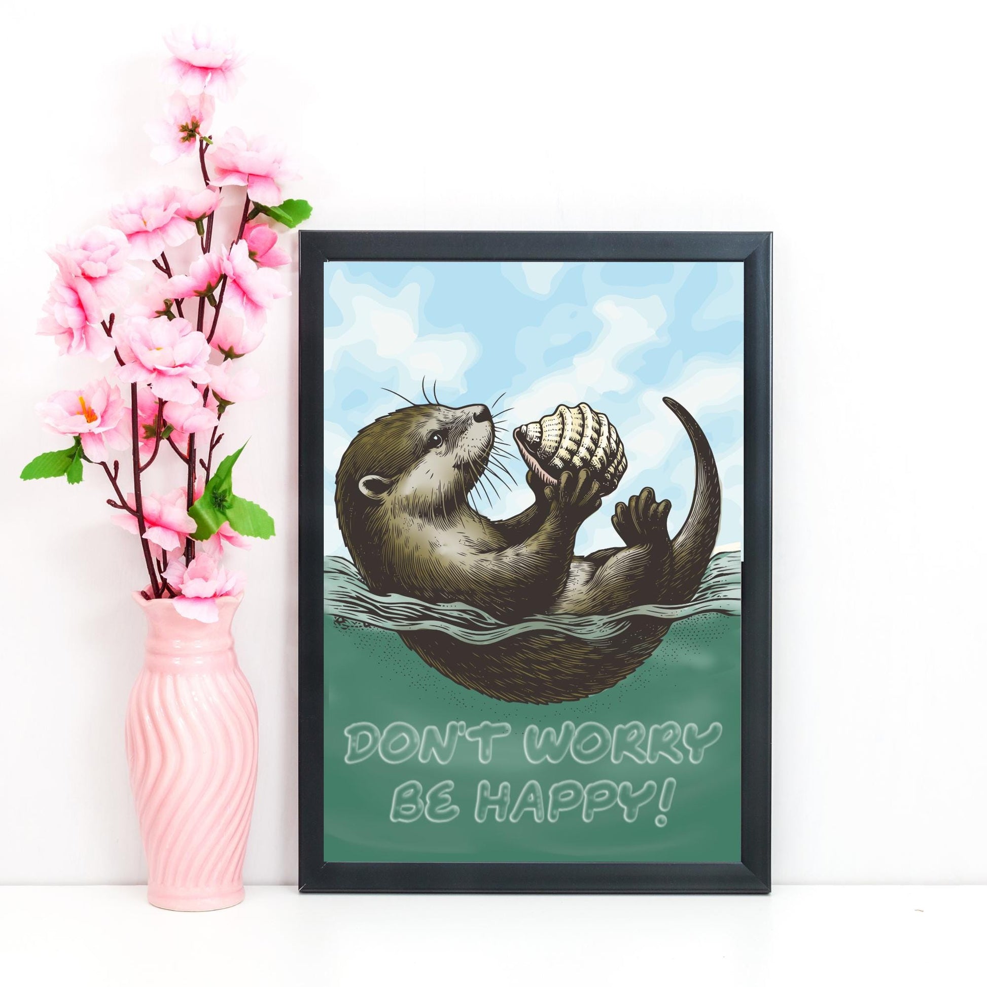 Otter Painting A4 Print, High Quality Wall Art, Home Bar Funny Poster, Quirky Decor, Don't Worry Be Happy, Secret Santa, Cute Otter Gift