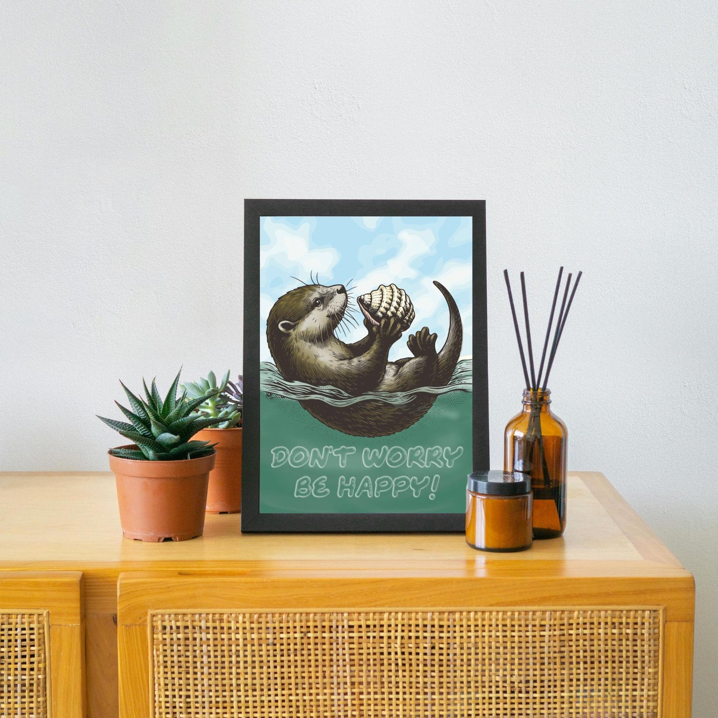 Otter Painting A4 Print, High Quality Wall Art, Home Bar Funny Poster, Quirky Decor, Don't Worry Be Happy, Secret Santa, Cute Otter Gift