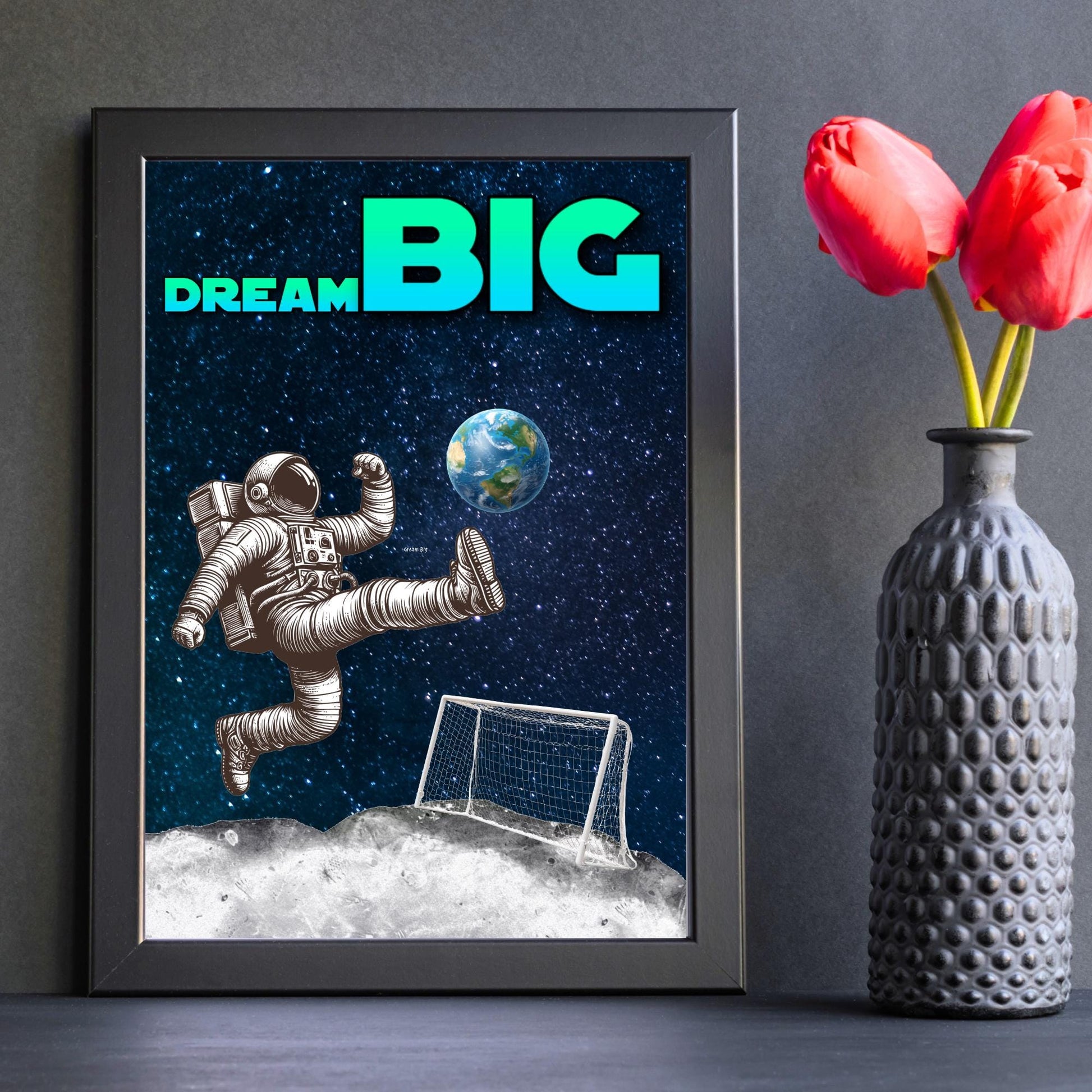 Space Football A4 Print, High Quality Wall Art, Home Bar Funny Poster, Quirky Decor, Moon Print, Secret Santa, Dream Big.