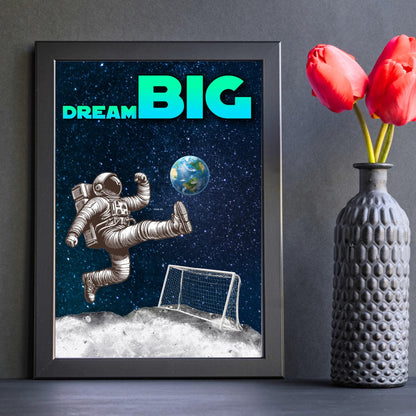 Space Football A4 Print, High Quality Wall Art, Home Bar Funny Poster, Quirky Decor, Moon Print, Secret Santa, Dream Big.