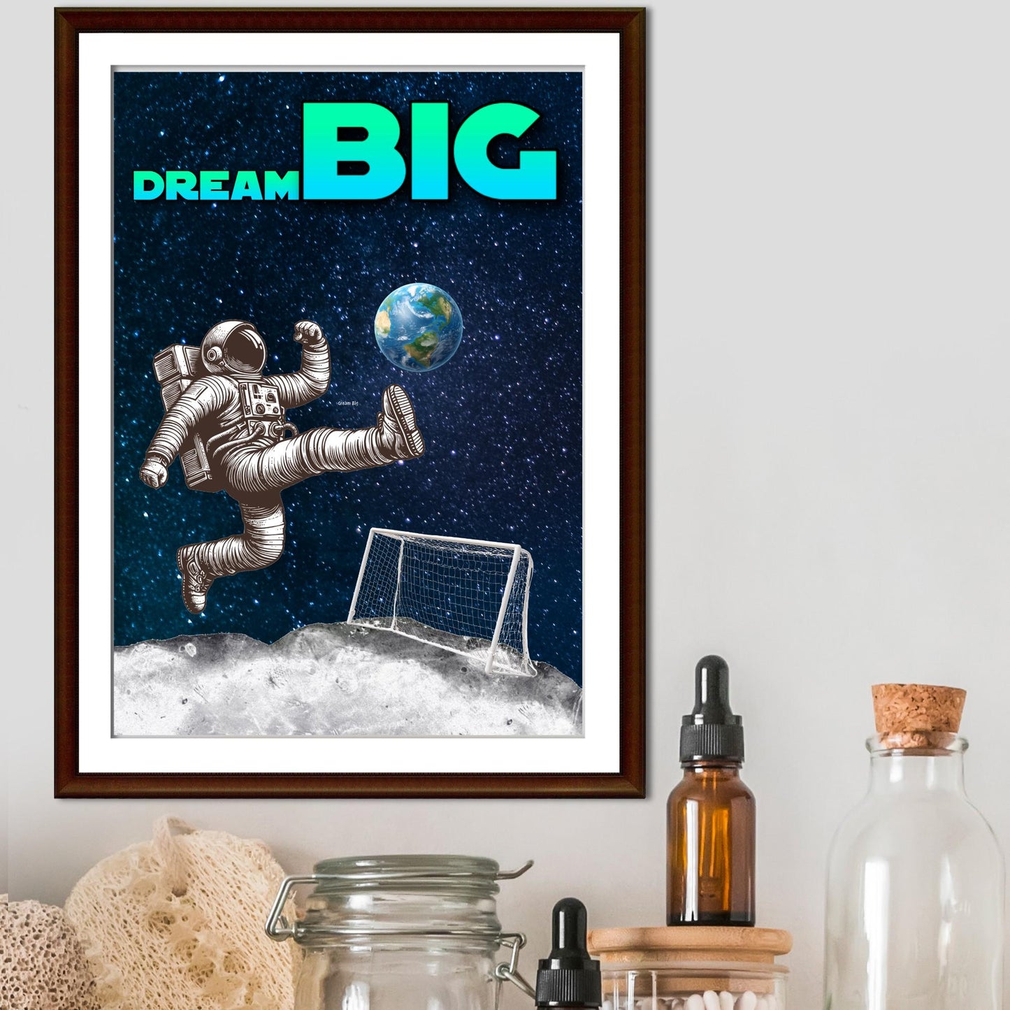 Space Football A4 Print, High Quality Wall Art, Home Bar Funny Poster, Quirky Decor, Moon Print, Secret Santa, Dream Big.