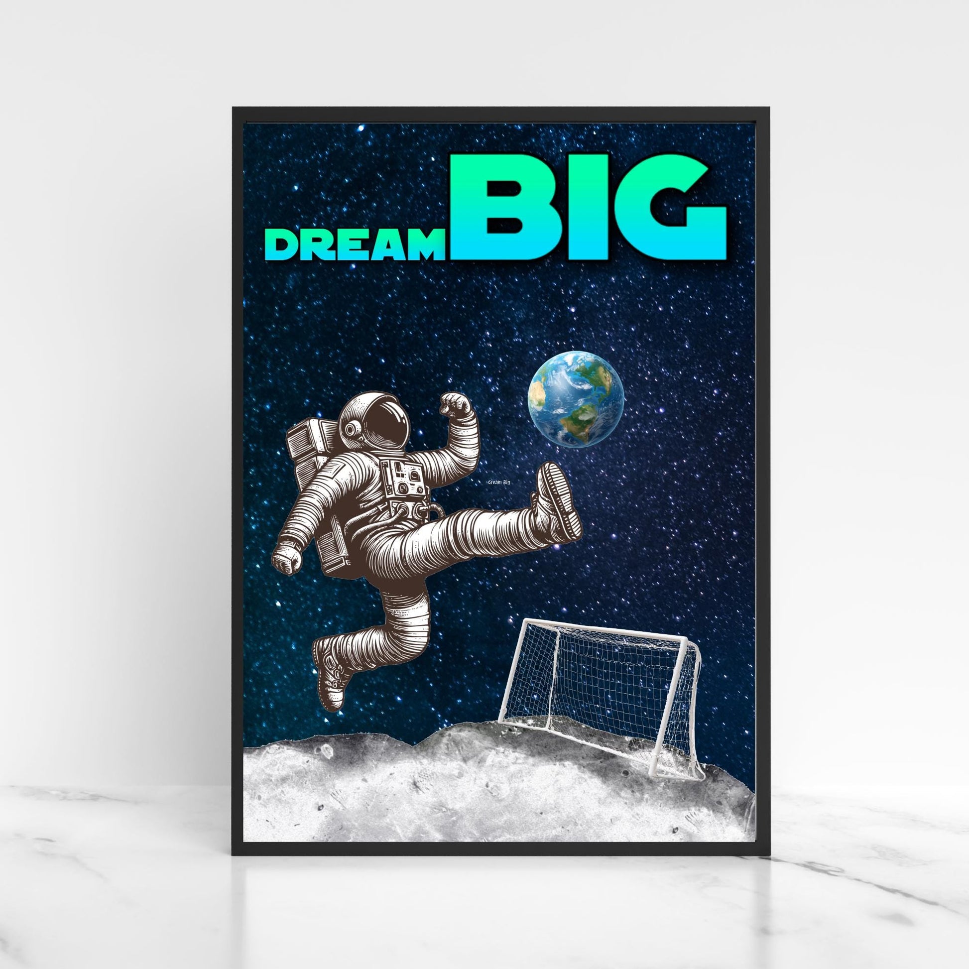 Space Football A4 Print, High Quality Wall Art, Home Bar Funny Poster, Quirky Decor, Moon Print, Secret Santa, Dream Big.