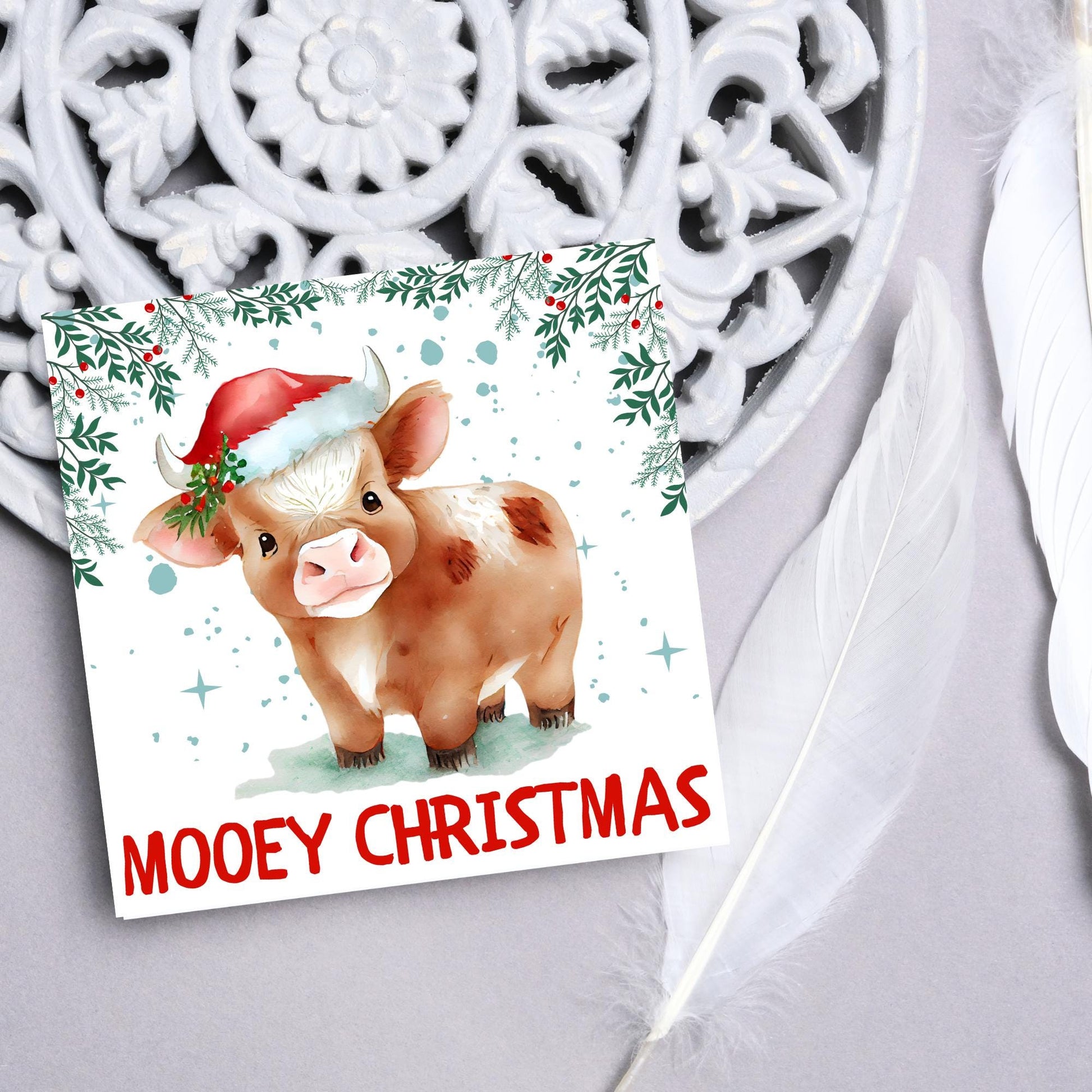 Highland Cow Christmas Card, Farming Christmas Card, Mooey Xmas Card, Secret Santa