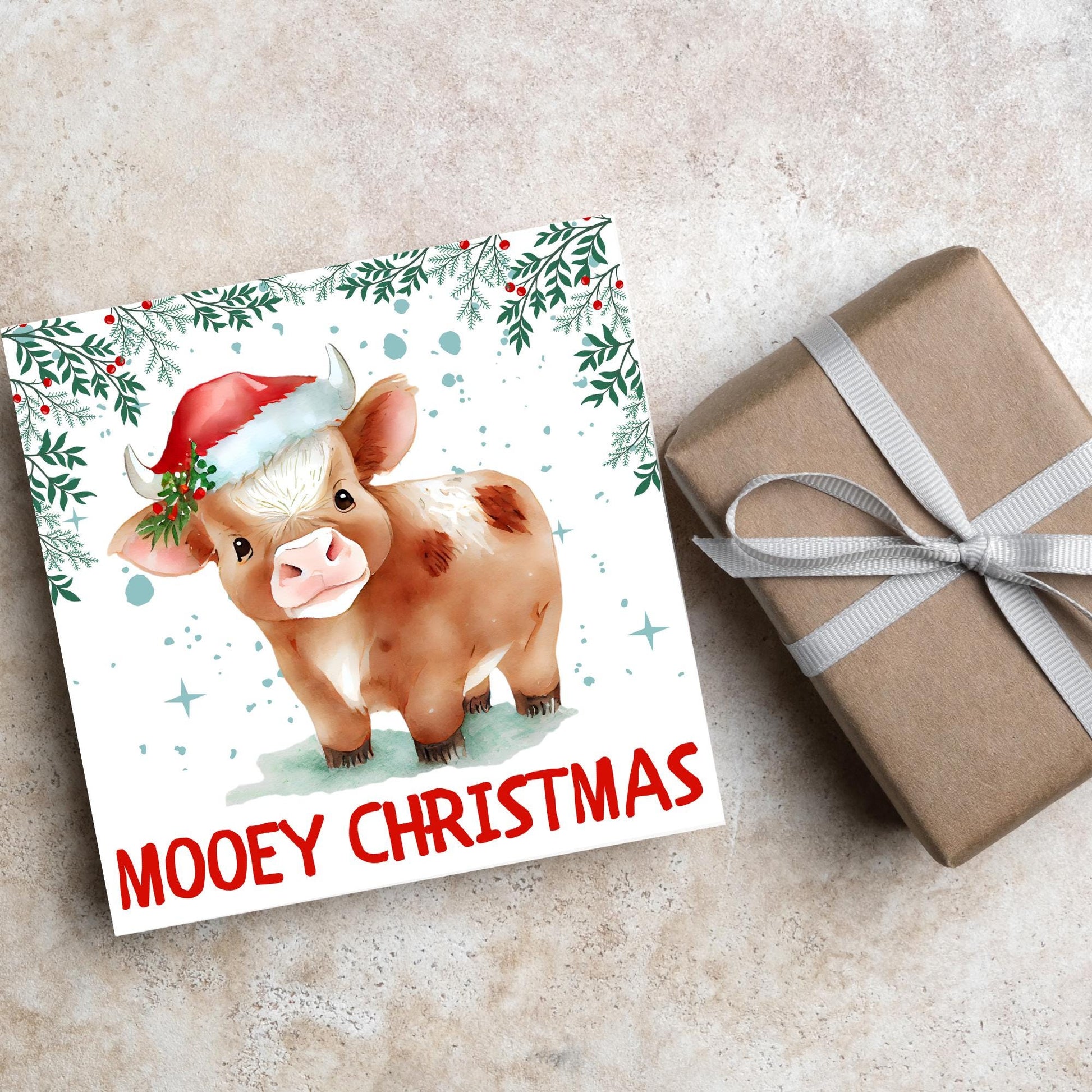 Highland Cow Christmas Card, Farming Christmas Card, Mooey Xmas Card, Secret Santa