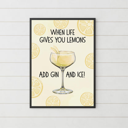 Gin and Tonic Print, Poster for Bar, Funny Alcohol Print, Secret Santa Gift, Lemon Art