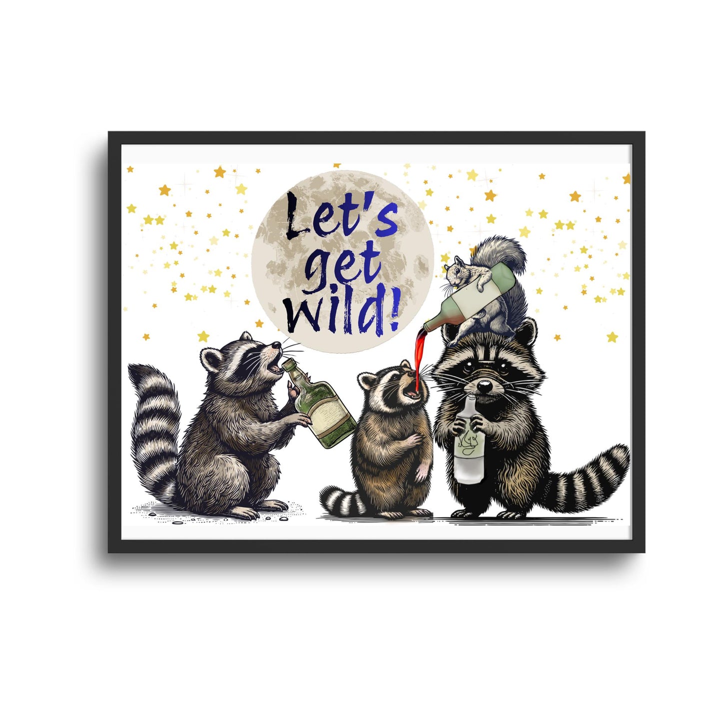 Raccoon A4 Print, High Quality Wall Art, Home Bar Drinks Funny Poster, Quirky Decor, Drunk Raccoons, Let's Get Wild, Secret Santa