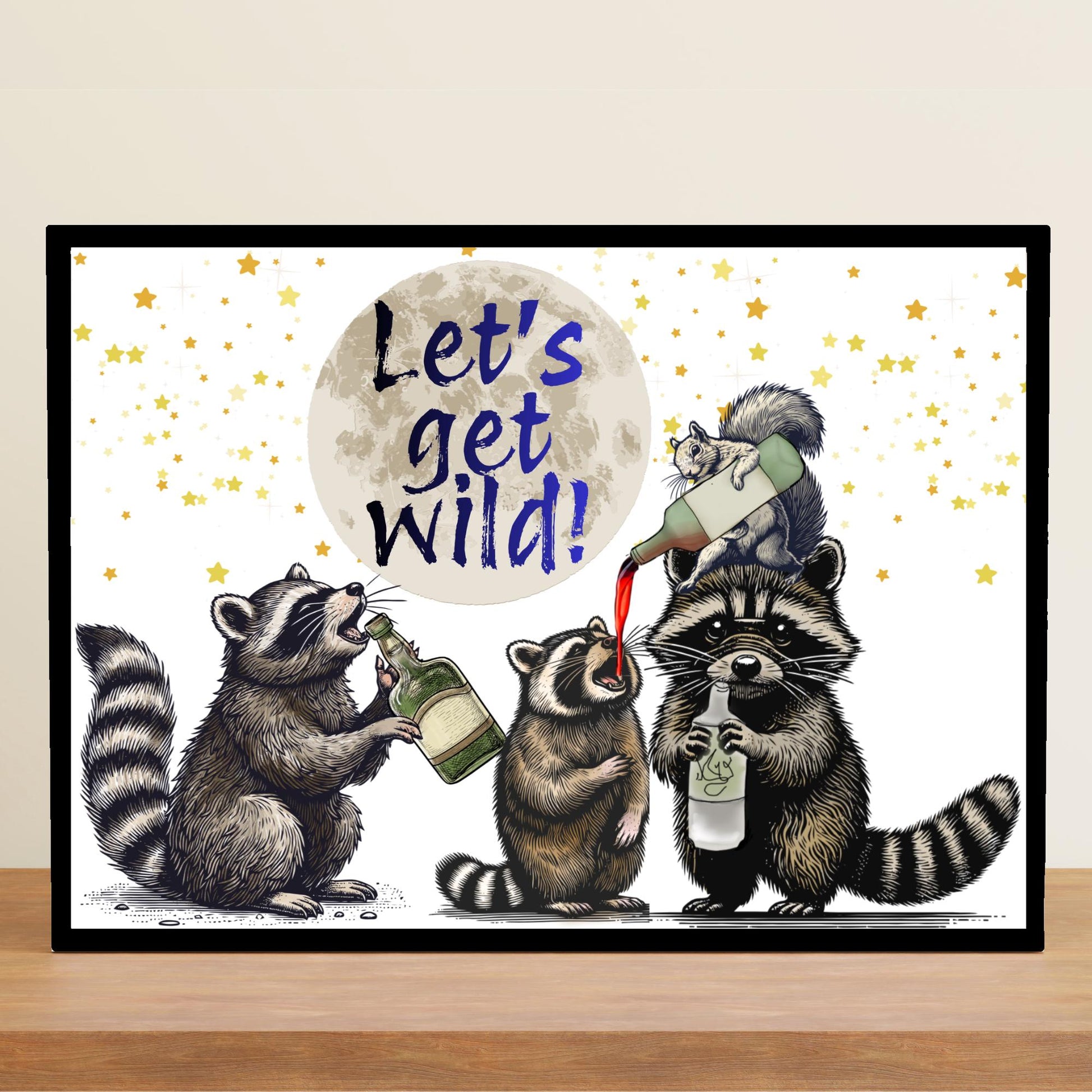 Raccoon A4 Print, High Quality Wall Art, Home Bar Drinks Funny Poster, Quirky Decor, Drunk Raccoons, Let's Get Wild, Secret Santa