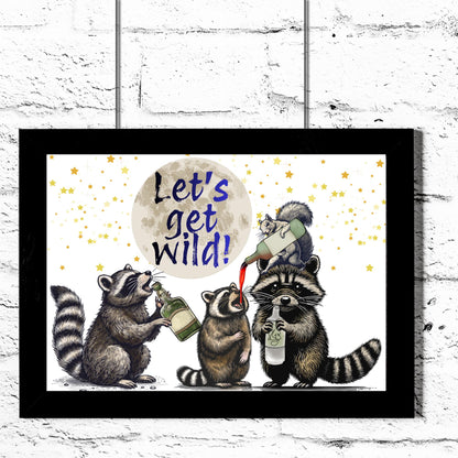 Raccoon A4 Print, High Quality Wall Art, Home Bar Drinks Funny Poster, Quirky Decor, Drunk Raccoons, Let's Get Wild, Secret Santa