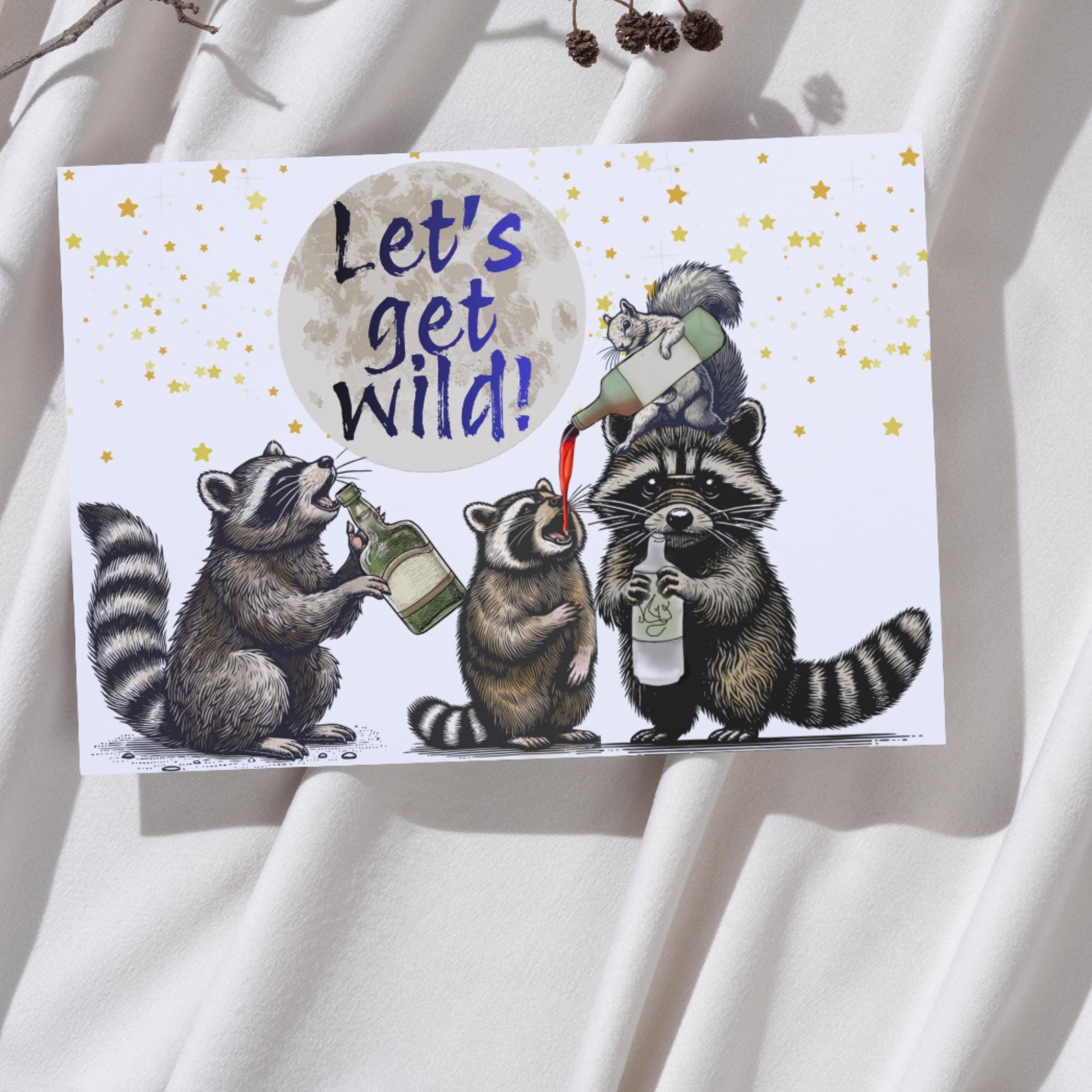 Raccoon A4 Print, High Quality Wall Art, Home Bar Drinks Funny Poster, Quirky Decor, Drunk Raccoons, Let's Get Wild, Secret Santa