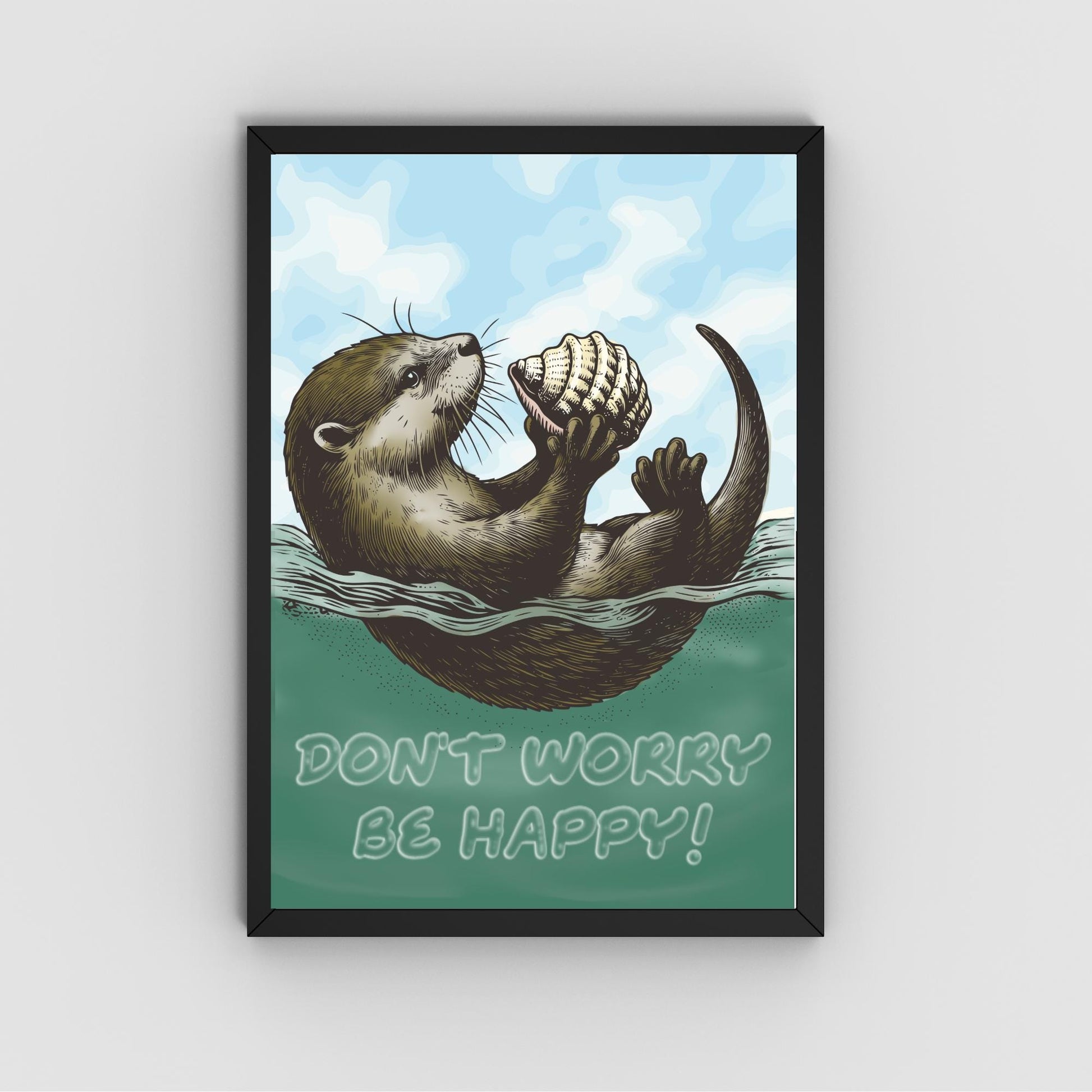 Otter Painting A4 Print, High Quality Wall Art, Home Bar Funny Poster, Quirky Decor, Don't Worry Be Happy, Secret Santa, Cute Otter Gift