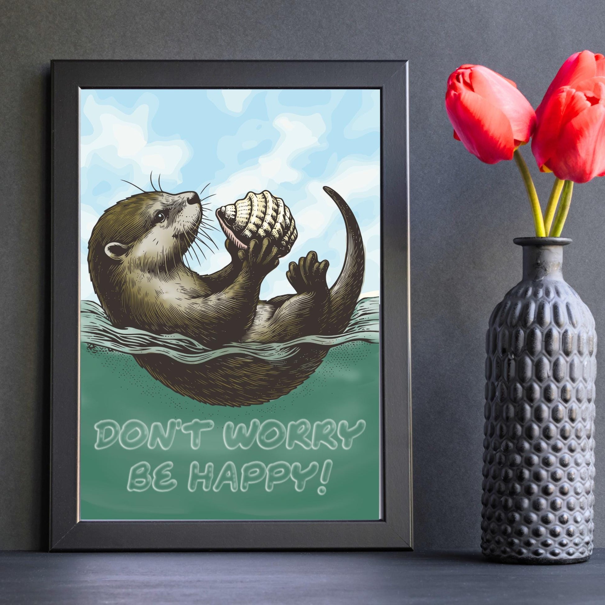 Otter Painting A4 Print, High Quality Wall Art, Home Bar Funny Poster, Quirky Decor, Don't Worry Be Happy, Secret Santa, Cute Otter Gift